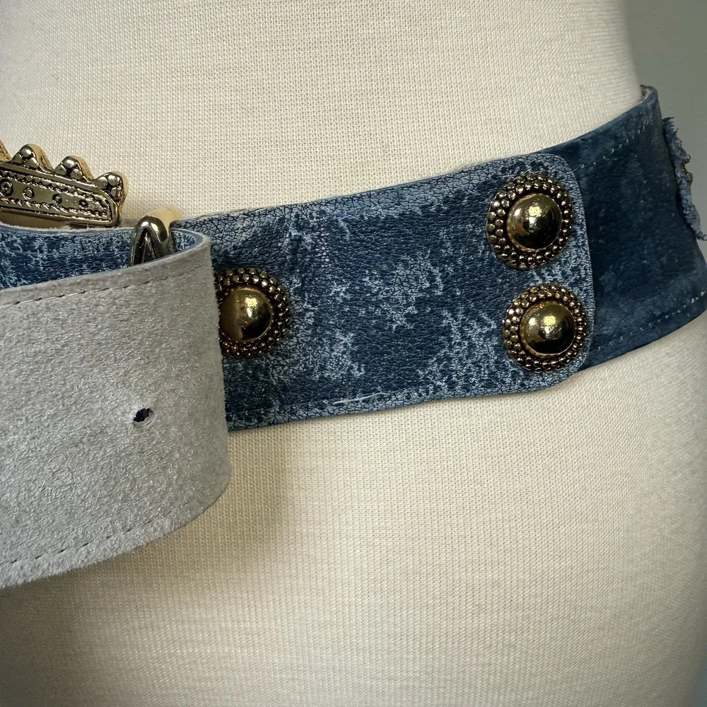 VTG Blue Suede Leather Belt Y2K Boho Festival Aztec Renaissance Made Italy M